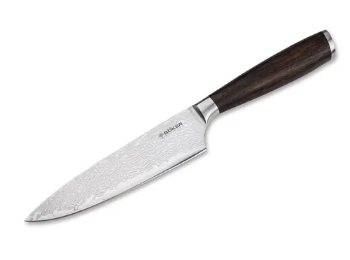 Böker Manufaktur Solingen Allzweckmesser Meisterklinge Damast 14,5 cm - Küchenmesser mit 14,5 cm langer Damastklinge aus VG-10 und edlem Räuchereichenholzgriff – perfekt für präzises Schneiden und Kochen.