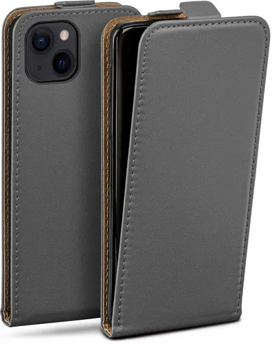 moex Handyhülle für iPhone 14 Plus Hülle Klappbar Flip Case Dunkelgrau 6,7 Zoll, 360 Grad Schutz Handytasche Leder Optik PU Lederhülle Cover Klapphülle