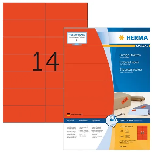Herma Universaletiketten 4557, Special, rot, 105 x 42,3mm - Selbstklebende Etiketten in leuchtendem Rot, ideal für alle Drucker. 100 Blatt mit insgesamt 1400 Etiketten, 100% recyclingfähig und made in Germany.