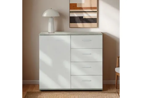 Caro-Möbel Kommode Chicago in Betonoptik - Moderne Kommode in Betonoptik/weiß mit 4 Schubladen und 1 Tür für optimalen Stauraum. Ideal für Zeitschriften, Tischdecken und mehr – perfekt für jedes Wohnambiente.
