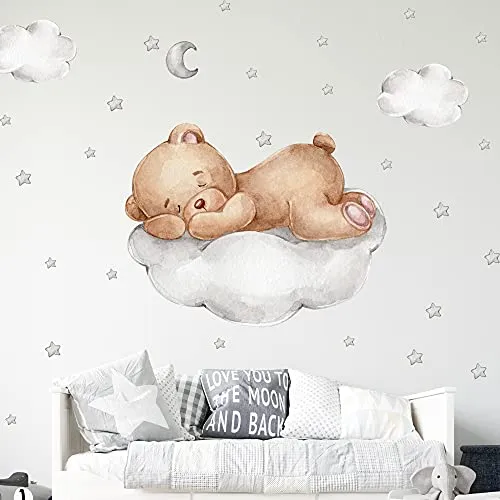 WANDKIND Bär auf der Wolke Wandtattoo V267 | Handgezeichnete Kinderzimmer Deko - Hochwertiges Wandtattoo mit einem liebevollen Bären auf der Wolke, ideal für Kinderzimmer. Leicht anzubringen und schadstofffrei – perfekt für eine kreative Raumgestaltung.