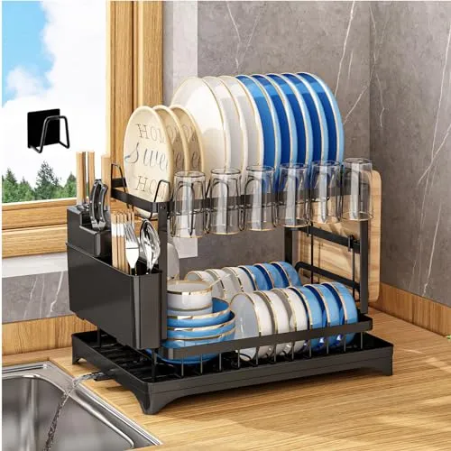 TEGOVE Abtropfgestell Geschirr,Geschirr Abtropfständer große Kapazität,Edelstahl Geschirrabtropfgestell mit Ablauf 360°,Abtropfgestell spüle mit Bretthalter Schwarz,Drying Mat