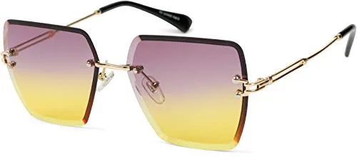 styleBREAKER Damen Sonnenbrille ohne Rahmen mit eckigen Polycarbonat Gläsern und Diamantschliff | UV400 Verlaufstönung | Metallbügel verstellbare Nasenpads, Gestell Gold/Glas Violett-Gelb Verlauf
