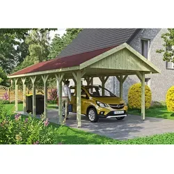 Satteldach-Carport Wallgau 430 x 900 cm mit roten Schindeln von SKAN HOLZ