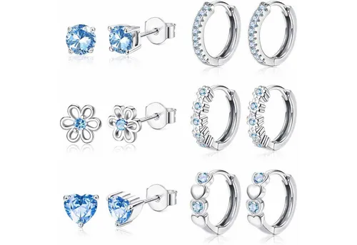 LuxusKollektion Ohrring-Set 6 Paar Sterling Silber Ohrringe Set Rosa Lila Blau für Mädchen
