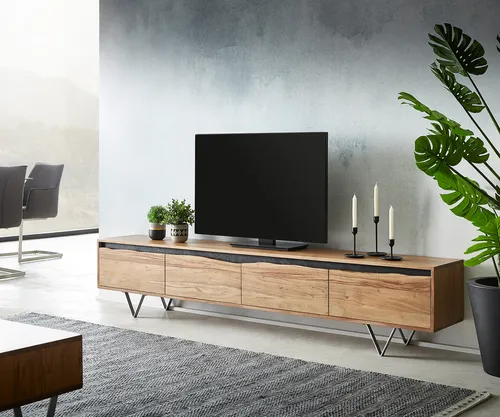 DELIFE Lowboard Stonegrace 220x35 cm aus Akazie mit 4 Türen - Stylisches Lowboard aus massiver Akazie mit einzigartiger Baumkante und elegantem Steinfurnier. Ideal für TV-Geräte und Zubehör – ein echter Blickfang in Ihrem Wohnraum.