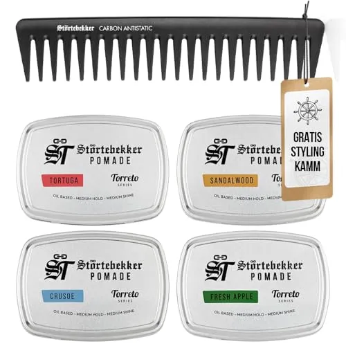 Störtebekker® Premium Pomade Ölbasiert Probierset + GRATIS Styling Kamm - 4 x Pomade Herren 'Torreto Series' - Mittlerer Halt - Mittlerer Glanz - Haarwachs 125ml - Haarpomade - Made in Germany