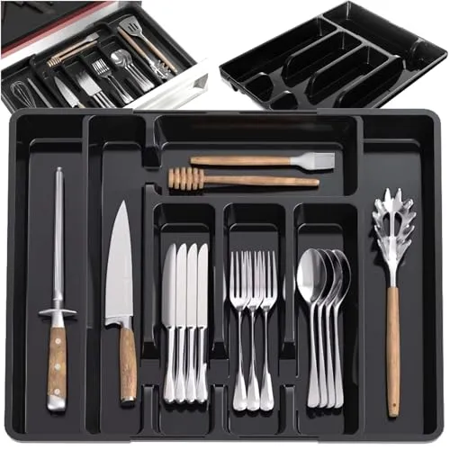 Ruhhy Besteckeinsatz Verstellbar 28-45 cm Klein für Löffel Gabeln Messer Küchenutensilien 5-7 Fächer Schubladeneinsatz Küche Schwarz 24748
