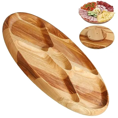 KADAX Servierplatte, Drehteller aus natürlichem Holz, Ø33,5cm Drehplatte mit Fächern, Servierteller für Chips und Dip, Snackteller zum Servieren von Fleisch (Eschenholz)