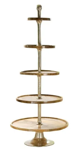 GILDE 5er Etagere XXL aus Alu mit Mangoholzplatten - Deko-Objekte mit 5 stilvollen Mangoholzplatten, ideal für eine elegante Präsentation. Maße: 73x73x173 cm, perfekt für besondere Anlässe.