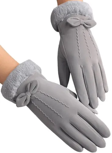 elegante und warme Handschuhe mit Kunstfell und Schleife in GRAU für Frauen NEU