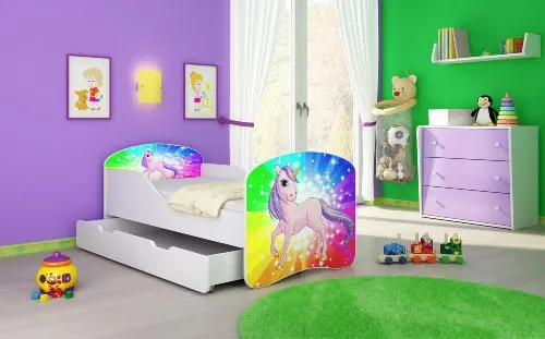 Kinderbett Jugendbett Komplett mit einer Schublade und Matratze Lattenrost Weiß ACMA I (180x80 cm + Bettkasten, 18 Pony Regenbogen)