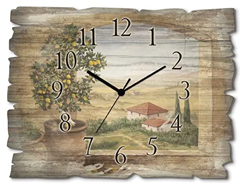 ARTLAND Wanddeko Wanduhr ohne Tickgeräusche aus Holz Funk Uhr lautlos Rechteckig 40x30 cm Tontopf Baum Zitronen Fenster Landschaft Toskana Italien Rustikal Vintage T5ZG