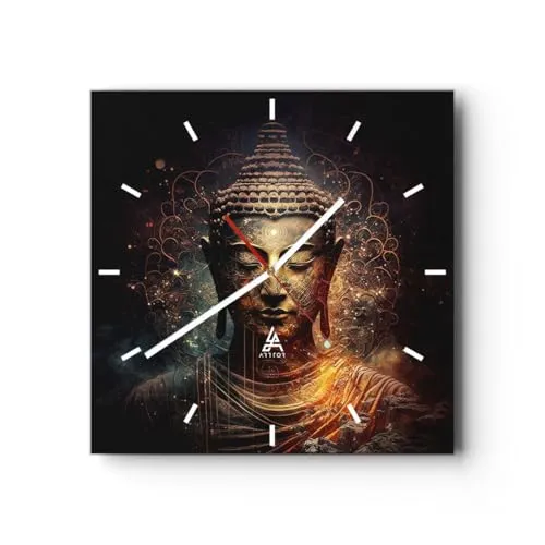Modern Wanduhr Buddha Meditation Religion 30x30cm Quadrat Klein Wand Uhr Glas Analog Zimmeruhren Küche Büro Wohnzimmer Glasuhr Wall Clock Dekoration Design Wanddekoration Küchenuhr C3AC30x30-5775