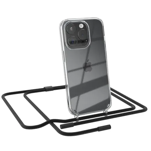EAZY CASE - Handykette kompatibel mit iPhone 15 Pro - dünne Handyhülle für iPhone 15 Pro Hülle mit Band als Fallschutz Kette zum Umhängen transparente Hülle Silikon in Schwarz