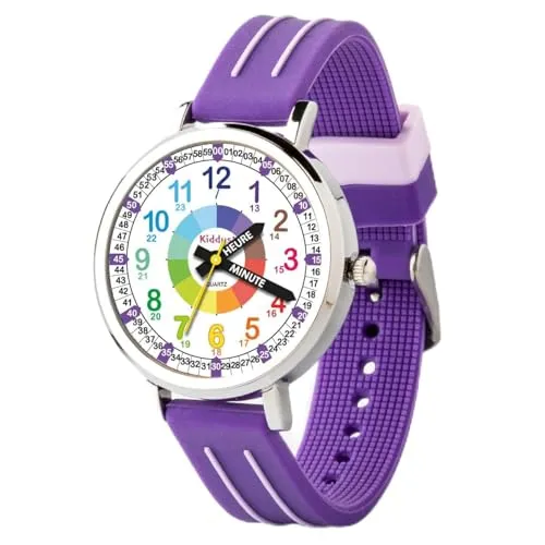 Kiddus Lern Armbanduhr für Kinder, Jungen und Mädchen. Analoge Armbanduhr mit Zeitlernübungen. Time Teacher. Français. Purple.