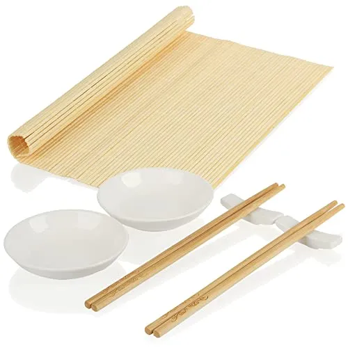 com-four® 7-teiliges Sushi-Set mit Stäbchen, Schälchen, Rollmatte und Stäbchen-Ablage - schönes Servier-Set - Küchenzubehör - mit Schälchen für Soßen (7-teilig - Sushi-Set)