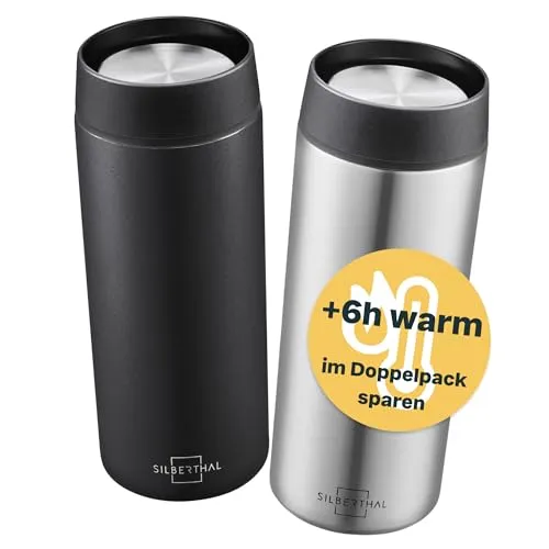 SILBERTHAL Thermobecher 350ml Edelstahl – Auslaufsichere Kaffeebecher to go mit Keramik – Coffee Cup in Silber - Bis zu 6h warm und 12h kalt - Jetzt im Doppelpack
