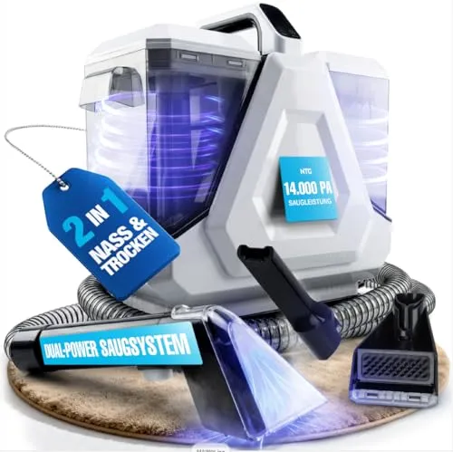 Polsterreiniger 550W | Kompakter Teppichreiniger & Waschsauger für vielseitige Anwendungen - Dieser leistungsstarke Polsterreiniger vereint 550 W Saugkraft und 700 W Heizleistung für effektive Reinigung. Ideal für Teppiche, Sofas und Autositze – inklusive umfangreichem Zubehör für eine gründliche Anwendung.