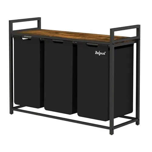 Zelsius Wäschesammler 3 Fächer | Schwarz, 92,5 x 33 x 72 cm | Wäschekorb mit Ablage, Schmutzwäschebehälter mit Wäschebeutel | Wäschesortierer, Wäschebox, Wäschesack | Wäschesystem, Waschkorb