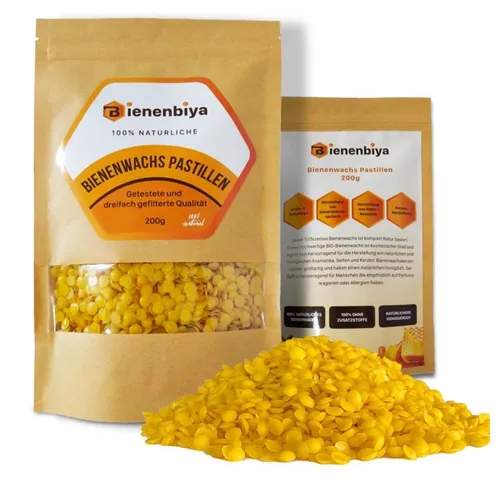 Bienenbiya Bienenwachstücher 200g 100% Reine Bienenwachs Pastillen ohne Zusatzstoffe, natürliches Beeswax für Salben,Kosmetika,Seifen,Kerzenherstellung und Leder-/Holzpflege, 100% natürlich ohne zusatzstoffe