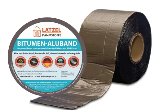 Latzel Dämmstoffe Dichtband Bitumen Aluband 300mm - 10m Rolle - Malerzubehör für wasserdichtes Abdichten von Fugen und Rissen in Dacheindeckungen und Regenrinnen. Starke Haftung und Temperaturbeständig bis +80°C, ideal für Außenanwendungen.
