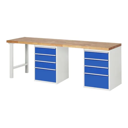 Rau Werkbank 7510A8 - Robuste Standardwerkbank mit 8 Schubladen - Standardwerkbank mit 40 mm Buche-Massiv-Arbeitsplatte, belastbar bis 1000 kg, ideal für Werkstätten. Inklusive rollengelagerter Schubladen mit hoher Tragkraft und zentralem Schloss.