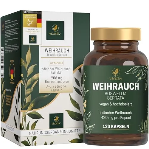 VITACTIV Weihrauch Boswellia Serrata - 120 Weihrauchkapseln - 1680 mg indischer Weihrauch Extrakt, 756 mg Boswelliasäuren - Hochdosiert, Natürlich, Vegan - Ayurvedische Kapseln, Laborgeprüft in DE