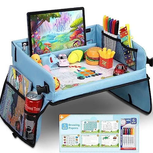 COOLJOY Kinder Knietablett Reisetisch - Multifunktionales Spielzeug für Kinder mit abwaschbarem Malbrett, ideal für Reisen. Inklusive 5 Bilder und 6 Pinsel zur Förderung der Kreativität und Handkoordination.