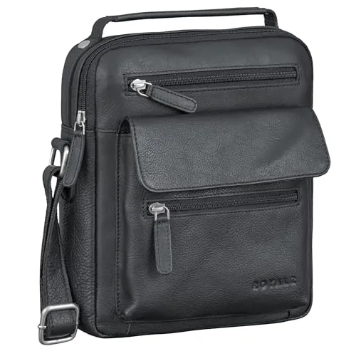 ROYALZ 'Chandler' moderne Handtasche Herren klein Leder mit Henkel - Männer Tasche zum Umhängen Umhängetasche Schultertasche Crossbody Messenger Bag viele Fächer Echtleder, Farbe:Schwarz