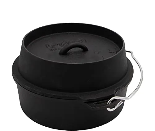 Grillfürst Dutch Oven 4 Liter - Hitzebeständiger Gusseisen Topf - Dutch Oven mit flachem Boden für stabilen Stand, ideal für Gulasch, Eintöpfe oder Brot. Bereits sprühemailliert, sofort einsatzbereit und einfach zu reinigen.