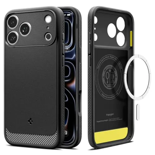 Spigen iPhone 17 Pro Max Hülle – Rugged Armor MagFit Case mit Carbonfaser Muster - Standard Handyhüllen, bietet militärischen Schutz (1,22m Fallhöhe) und sicheren Grip durch spezielle Rillen – ideal für Alltag und Gaming.