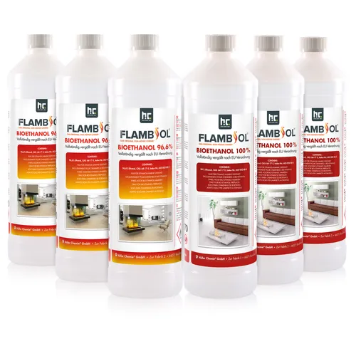 Höfer Chemie 6 x 1 L FLAMBIOL® Bioethanol Probierset - Gel- & Ethanol-Kamine, 6 x 1 Liter Bioethanol für saubere, geruchsneutrale Verbrennung - ideal für Kamin und Feuerstelle, Made in Germany