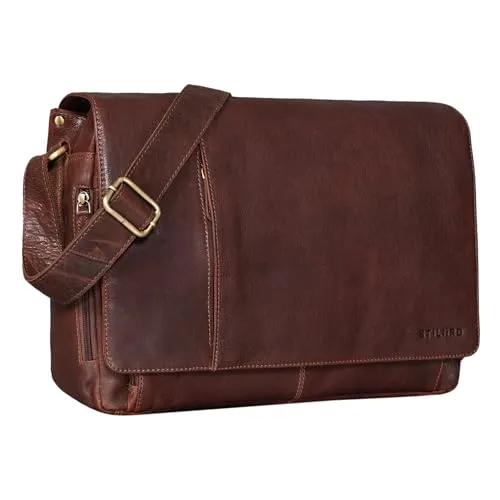 STILORD Elias Echtleder Umhängetasche 15.6 Zoll - Vintage Stil für moderne Ansprüche - Hochwertige Umhängetasche aus echtem Büffelleder mit vielen Fächern und verstellbarem Schultergurt. Ideal für Laptops bis 15,6 Zoll, perfekt für Büro und Studium. Maße: 41 x 33 x 13 cm, Gewicht: 1000 g.