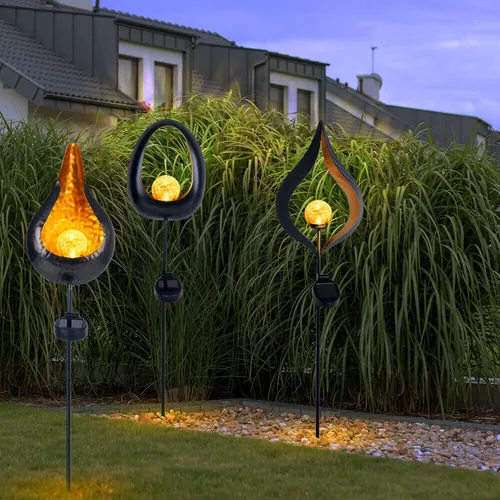 Solarleuchte Flamme Garten - 3er Set mit Flammeneffekt - Lampen für Außen, 3 verschiedene Designs (Flamme, Tropfen, Oval), mit Flammeneffekt und ca. 6-8 Stunden Leuchtdauer. Perfekt für stimmungsvolle Beleuchtung im Garten.