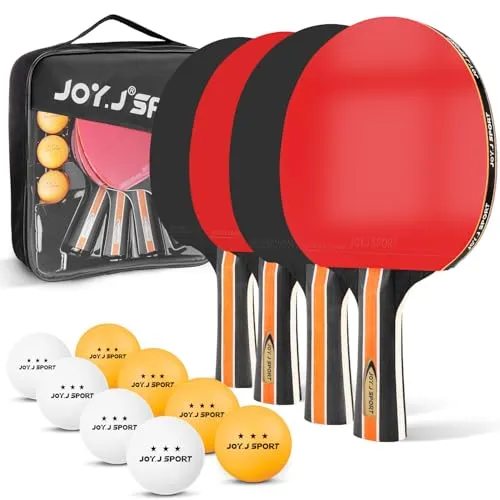 Tischtennisschläger Set, 4 Tischtennisschläger mit 3-Sterne-Tischtennisbälle und Tragetasche, Tischtennis Schläger Set für Indoor und Outdoor, ideal für Familie, Freizeit und Training