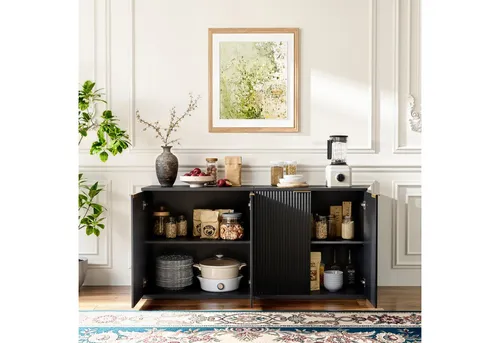 Okwish Sideboard Schwarz, 80x80x40 cm für modernes Wohnen - Elegantes Sideboard in Schwarz mit markanter Faltenfront und goldfarbenem Griff. Bietet großzügigen Stauraum und schafft Ordnung in Wohn- und Schlafbereichen. Ideal für Dekoration und praktische Nutzung.