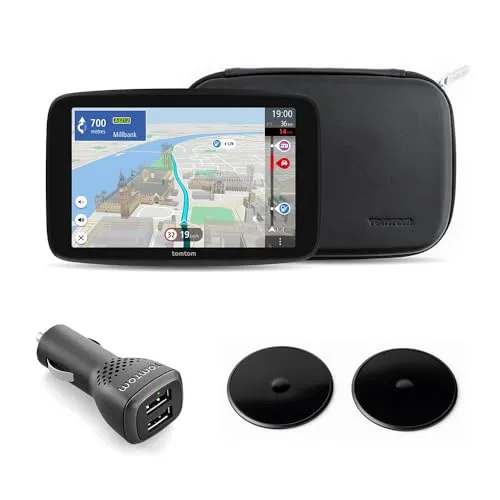 TomTom GO Camper Max Weltweit + Premiumpack - Navigationsgerät für Camper mit 7-Zoll-Display, kabellose Kartenupdates und praktischem Zubehör für sicheres Reisen.