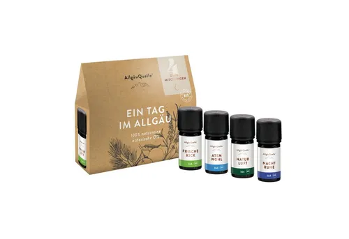 Allgäuquelle Duftlampe BIO Duftmischung-Set - Duftlampen mit 100 % naturreinen BIO Ölen für ein belebendes Zuhause. Erlebe frischen Bergwind und beruhigende Gute-Nacht-Düfte für jeden Moment.
