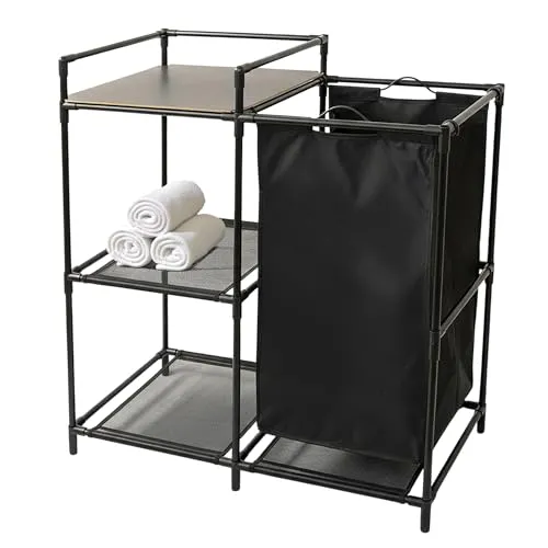 Spetebo Badregal schwarz mit integriertem Wäschekorb - 69 x 77 cm - Standregal aus Metall und Stoff mit 3 Ablagen - Steckregal Badezimmer Organizer Regal Ordnungshelfer mit Wäschesack