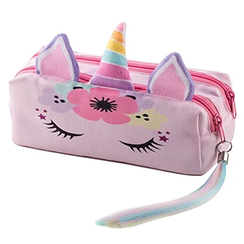 Einhorn Federtasche Schlamperbox Federmäppchen Schüleretui Stiftemappe mit Zwei Reißverschlüssen Unicorn Horn mit Ohren und Regenbogen Schwanz [107]