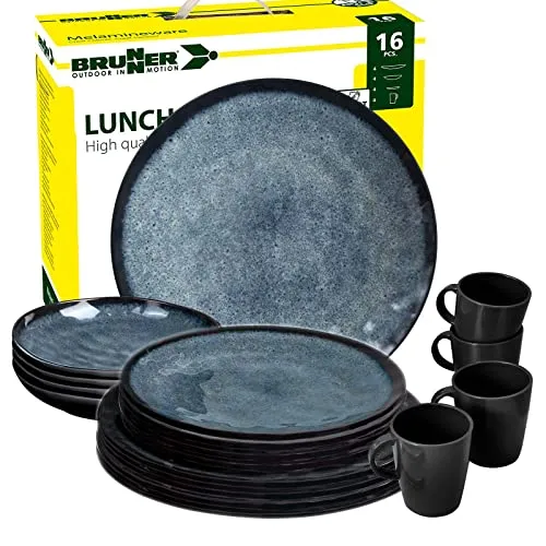 BRUNNER Camping Geschirrset VENETIAN (16-tlg) - Geschirr-Set für 2-4 Personen, bruchsicher und rutschfest mit edler Steingut-Optik. Ideal für Camping und Outdoor, spülmaschinenfest und BPA-frei.