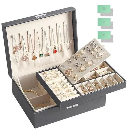 JOTOL Schmuckkästchen,Schmuckschatulle,2-schichtige Schmuckschatulle, Abschließbare Schmuckaufbewahrung mit Schlüssel,für Ringe, Ohrringe, Armbänder und Halsketten(grau)