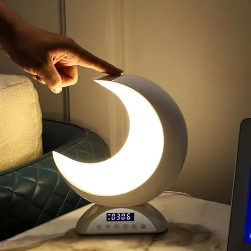 Colexy Mondlampe mit Touch, Lichtwecker mit Musik, Tageslichtwecker Halbmond, Lautsprecher mit Nachtlicht, 20 Lichtfarben, Nachtlicht Touch Dimmbar, USB Nachttischlampe Schlafzimmer Wohnzimmer
