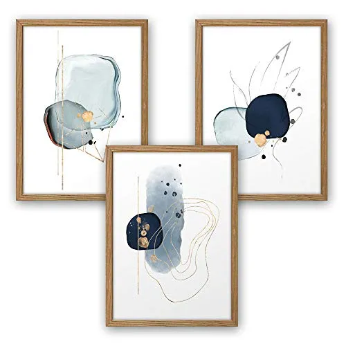 3-teiliges Premium Poster-Set | Kunstdruck | Abstrakt blau | Deko Bild für Ihre Wand | optional mit Rahmen | Wohnzimmer Schlafzimmer Modern Fine Art | DIN A4 / A3 (A4, natur Rahmen)