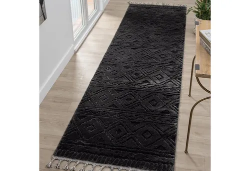 my home Läufer Bonvo 80x300 cm - Eleganter Kurzflor-Läufer mit Fransen - Stylischer Kurzflor-Läufer für Wohnzimmer und Schlafzimmer, trittschalldämmend und unempfindlich dank robuster Kunstfaser – für ein angenehmes Trittgefühl und moderne Raumgestaltung.