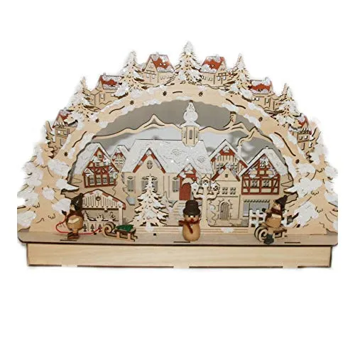 3D Holz-Schwibbogen Stadt mit Winterkindern Lichterbogen hell (Natur)
