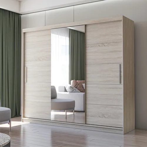 Schwebetürenschrank Kleiderschrank mit Spiegel 250cm Sonoma - Geräumiger Schwebetürenschrank mit Spiegelfront, ideal zur stilvollen Aufbewahrung von Kleidung. Perfekt für Schlafzimmer oder Ankleidezimmer.
