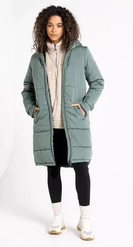 Dare2B Winter-Steppjacke Reputable II – Wasserdicht & Modisch in Grün (Damen, Größe 38) - Lang geschnittene, wattierte Steppjacke aus weichem, wasserabweisendem Material. Ideal für kalte Tage, kombiniert Funktionalität mit trendigem Design und schont die Umwelt durch die Verwendung von recyceltem Polyester.