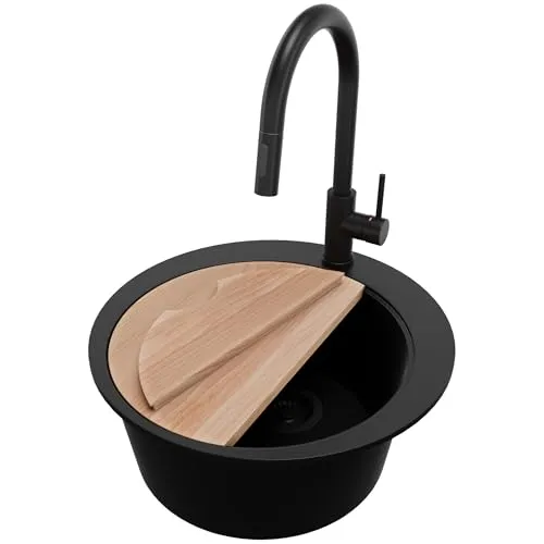 PRIMAGRAN Granitspüle Alles Schwarz 50x50cm, Spülbecken Rund 1 Becken + Küchenarmatur 40x20cm + Zuberhor-Set, Küchenspüle ab 45er Unterschrank - Pisa S032